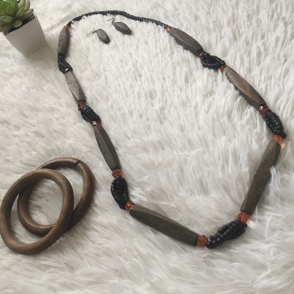 Set 🌼 Wood Long Necklace, Ring & Bracelets